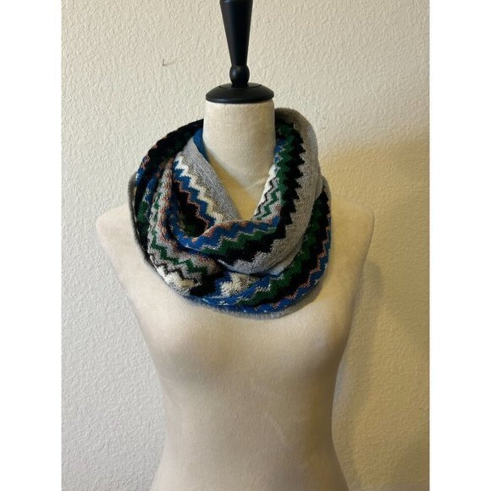 Infinity Scarf Blue Silver Black Green Copper Chevron Pattern 33" x 15"